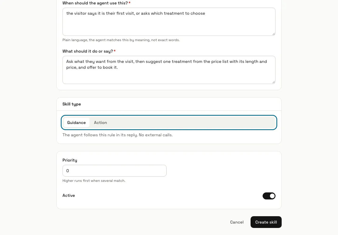 The Create skill form filled in for a first visit suggestion, with the "Skill type" choice outlined
