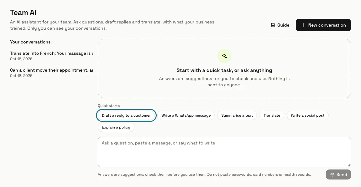 Team AI with its quick starts and your earlier conversations, and "Draft a reply to a customer" outlined