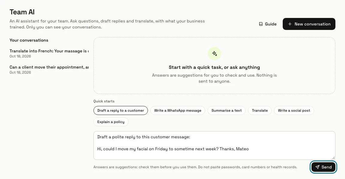 The message box filled with a customer's request to move a booking, and the "Send" button outlined