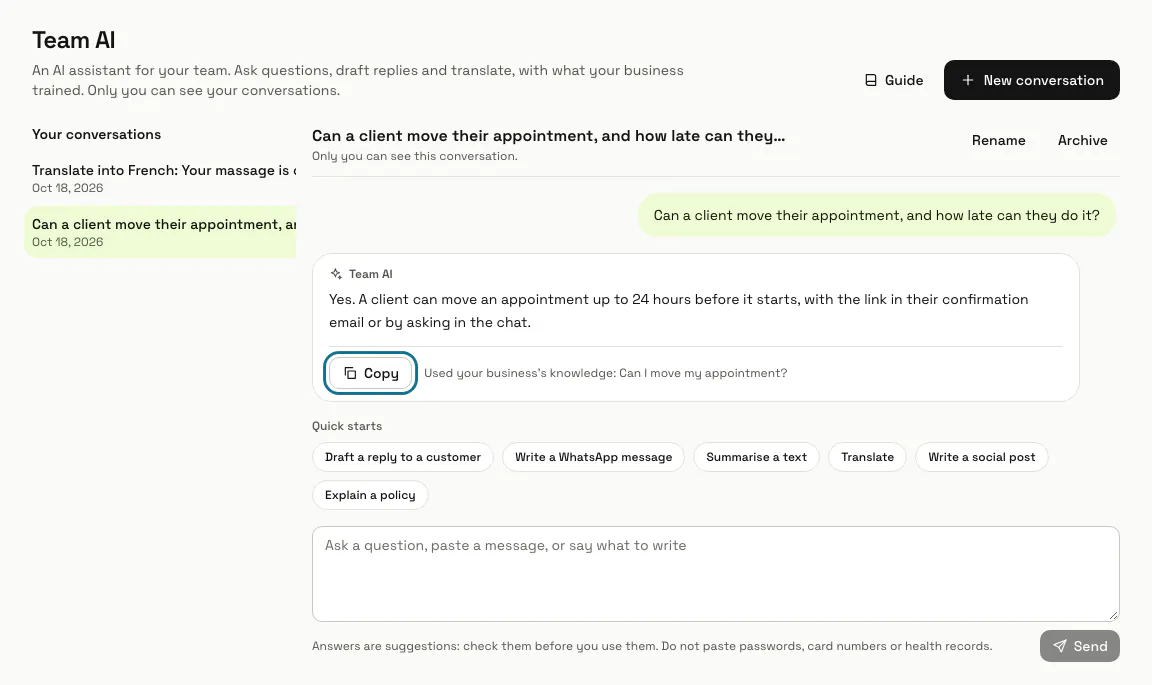 A saved conversation with a question, an answer from the business's knowledge and the "Copy" button outlined