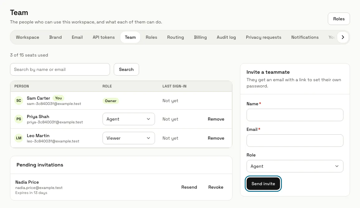 The Team page with its members, a pending invitation and the "Send invite" button outlined