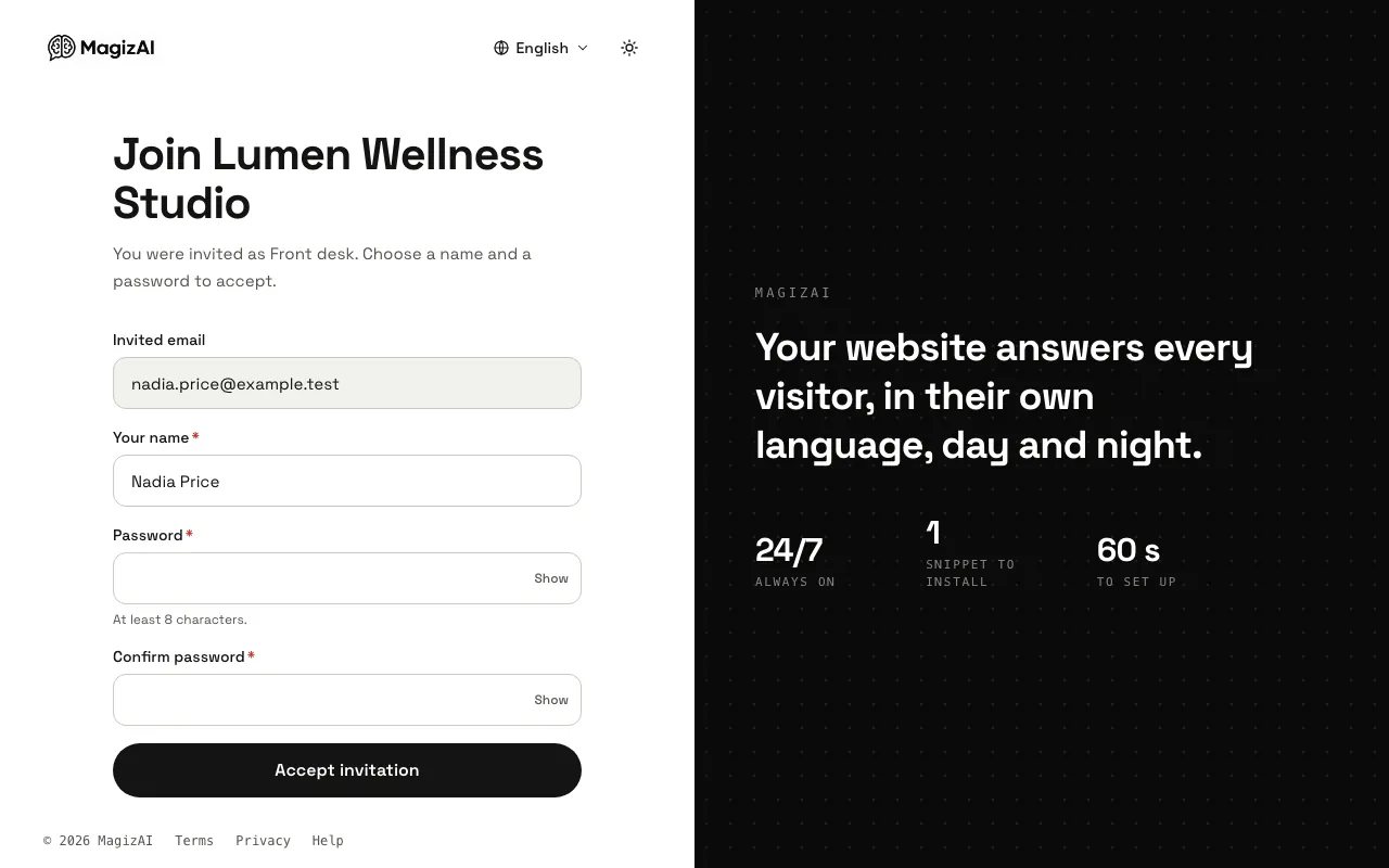 The invitation page to join Lumen Wellness Studio as Front desk, with the name and password fields