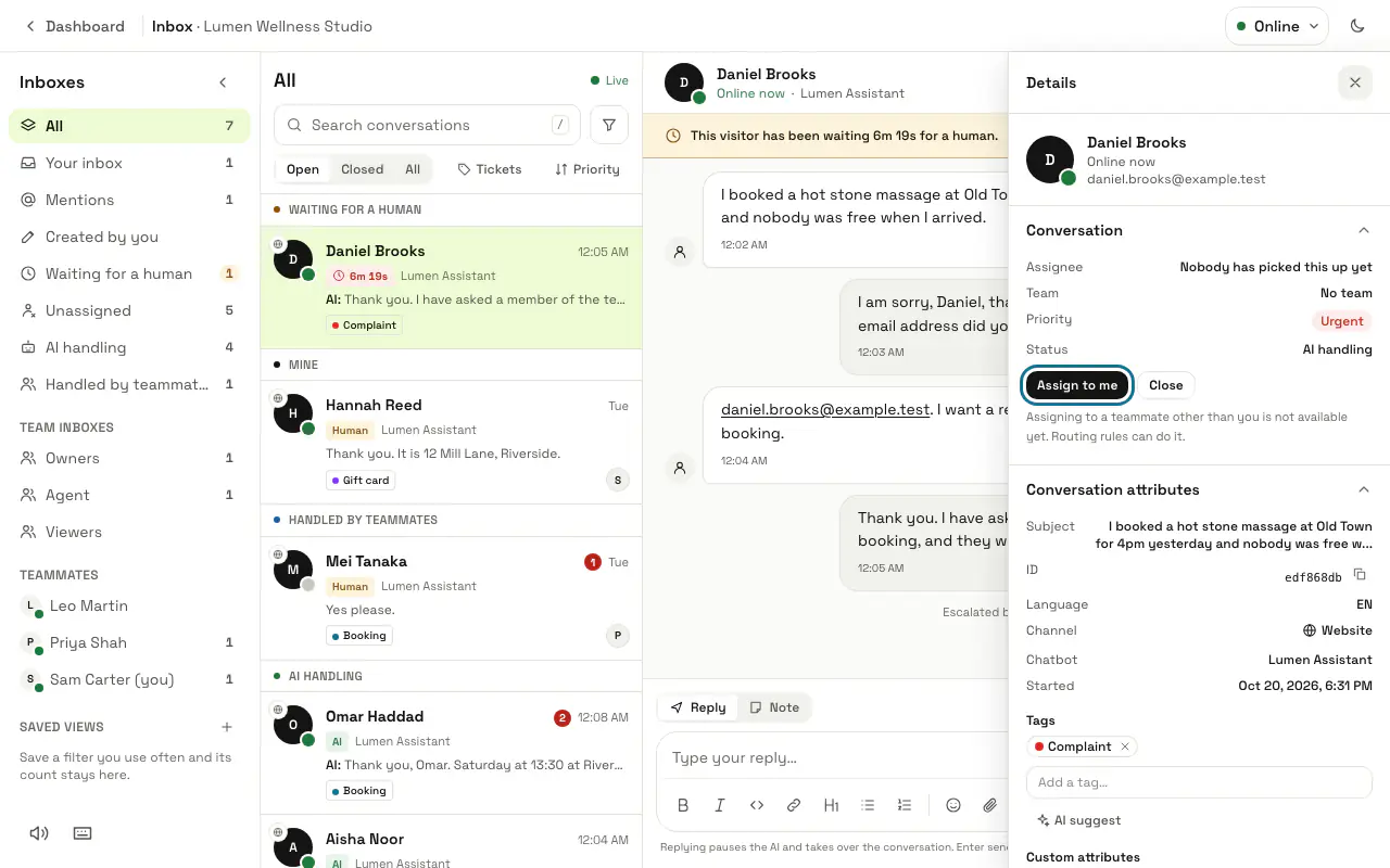 The details panel of a waiting complaint that nobody has picked up yet, with its priority and tag, and "Assign to me" outlined