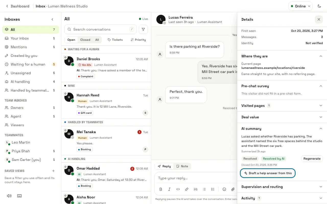 The details of a closed chat about parking, with its AI summary and "Draft a help answer from this" outlined
