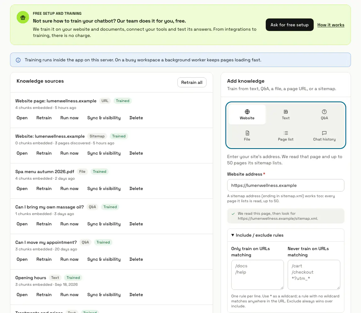 The Train page with its knowledge sources marked Trained, a website address typed in the "Add knowledge" card and its tiles outlined