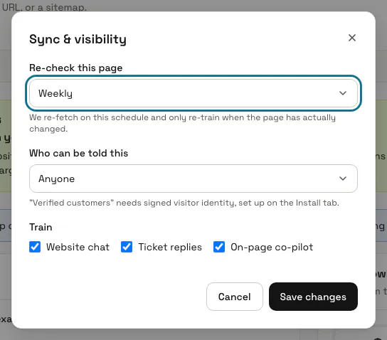 The "Sync & visibility" dialog of a website page, set to re-check weekly and shown to anyone