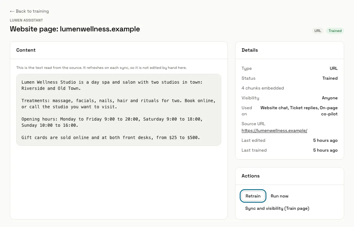 A website page source with its details and the "Retrain" button outlined