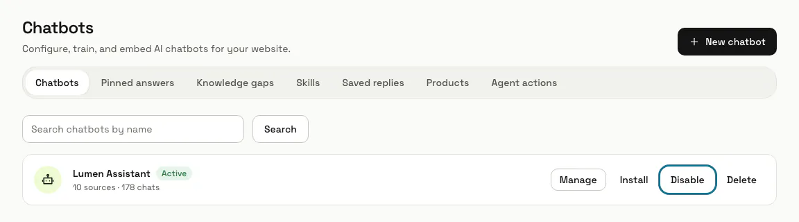 The chatbot list with each chatbot's status and the Disable button outlined