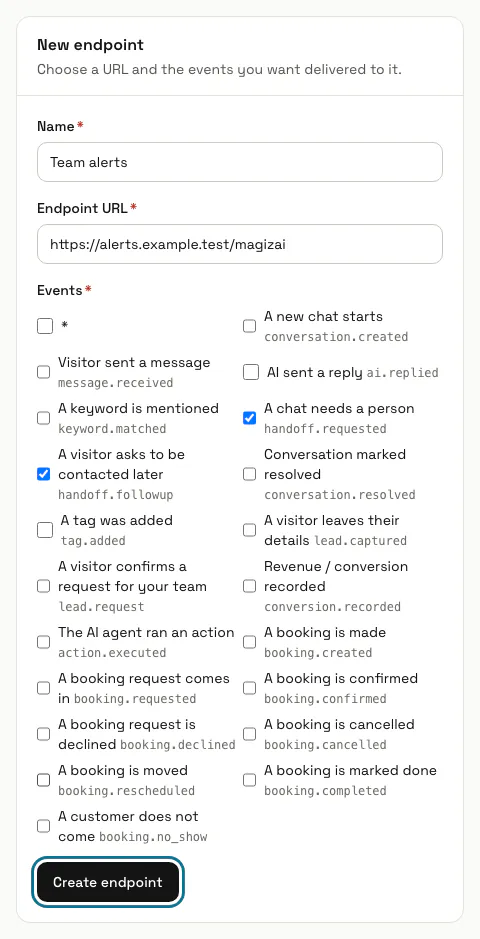 The New endpoint form with a name, an address and two events ticked, and the "Create endpoint" button outlined
