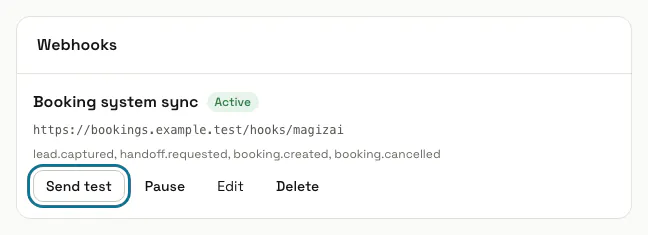 An active endpoint for a booking system with its events and the "Send test" button outlined