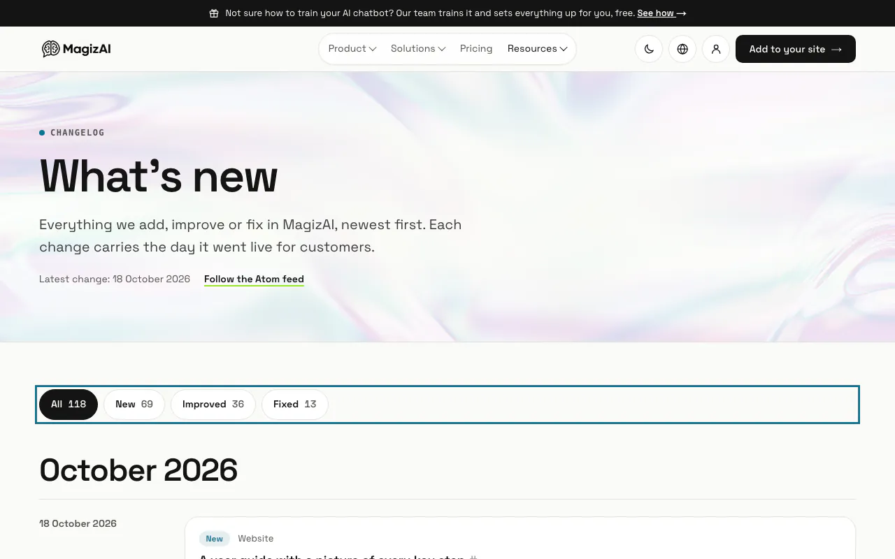 The What's new page with the All, New, Improved and Fixed filters and the latest changes