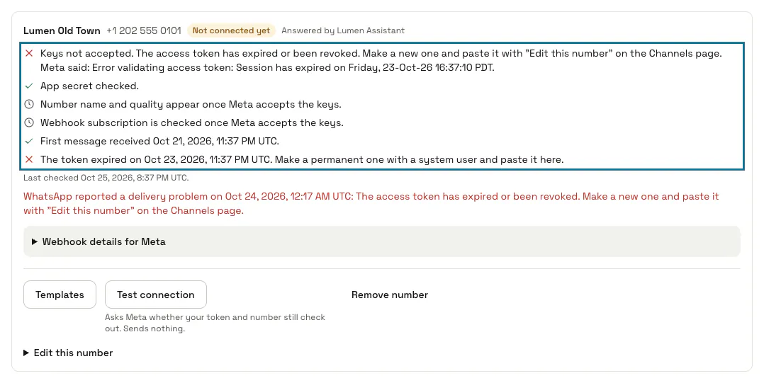 The Lumen Old Town number, "Not connected yet": its checklist outlined, with the expired token in red and what Meta said, and the delivery problem WhatsApp reported below it