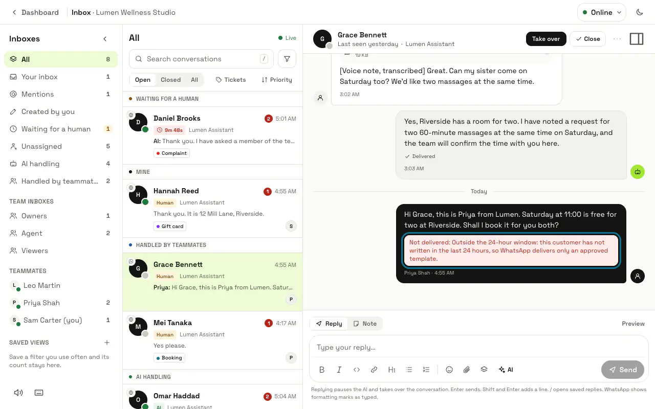 A teammate's reply in the inbox with "Not delivered" outlined: the customer last wrote more than 24 hours earlier