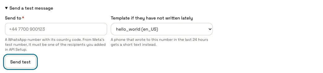 «إرسال رسالة اختبار» مفتوح تحت الرقم، مع حقل «إرسال إلى» والقالب hello_world مختارًا وتحديد «إرسال الاختبار»