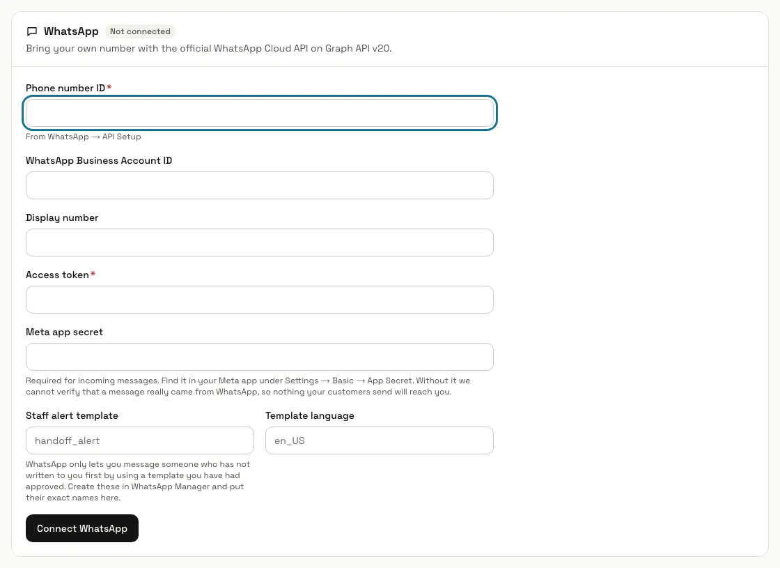 The WhatsApp panel on the Channels page, "Not connected", with the "Phone number ID" field outlined