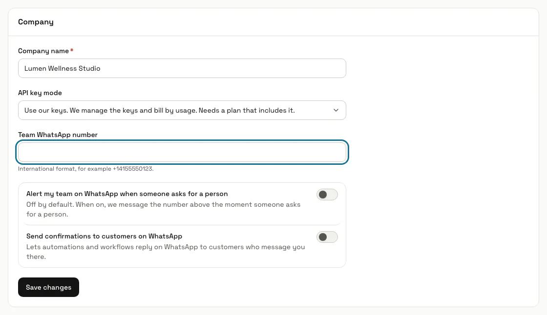 The Company panel in Settings with the "Team WhatsApp number" field outlined