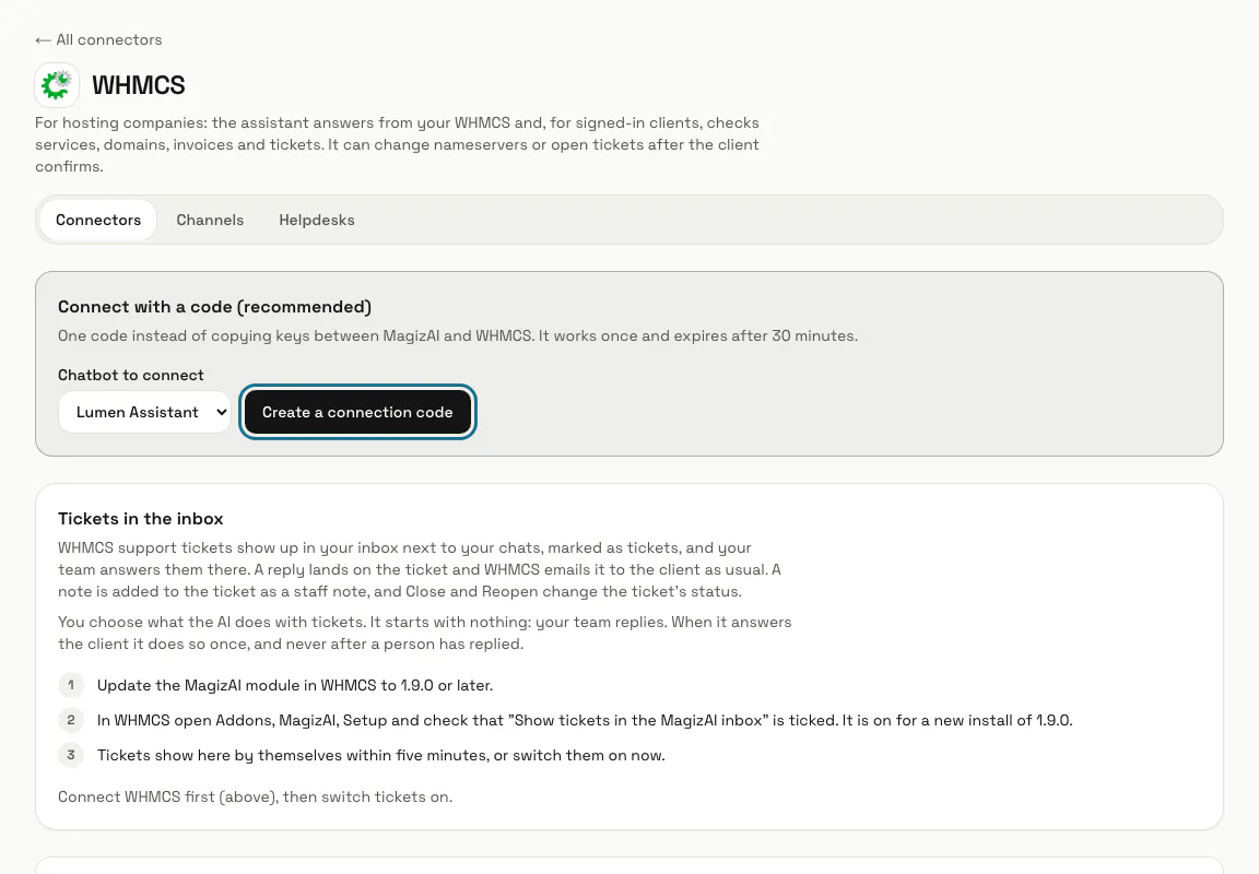 The WHMCS connector page with "Connect with a code (recommended)" and the "Create a connection code" button outlined