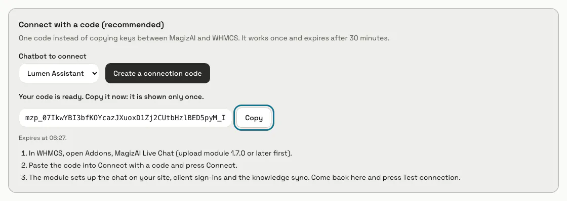 A new connection code with its "Copy" button outlined, the time it expires and the three steps to finish in WHMCS