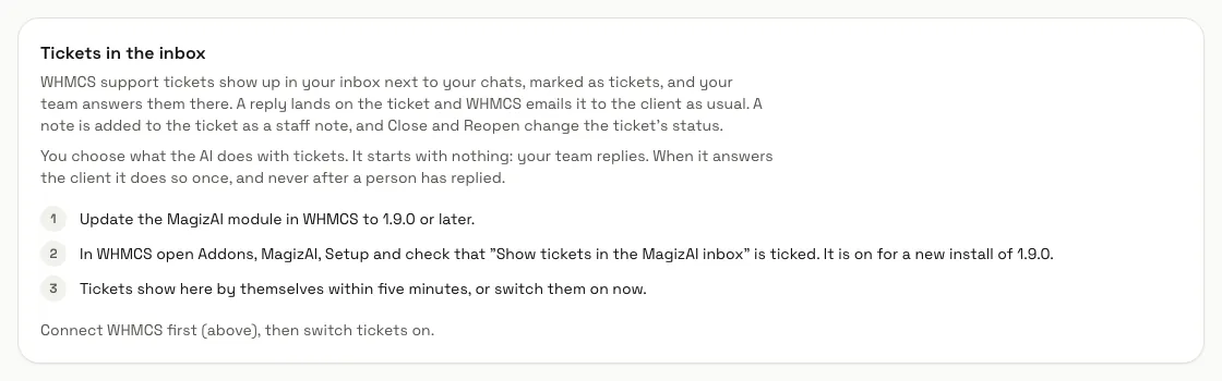 The "Tickets in the inbox" panel with its three steps and the note to connect WHMCS first