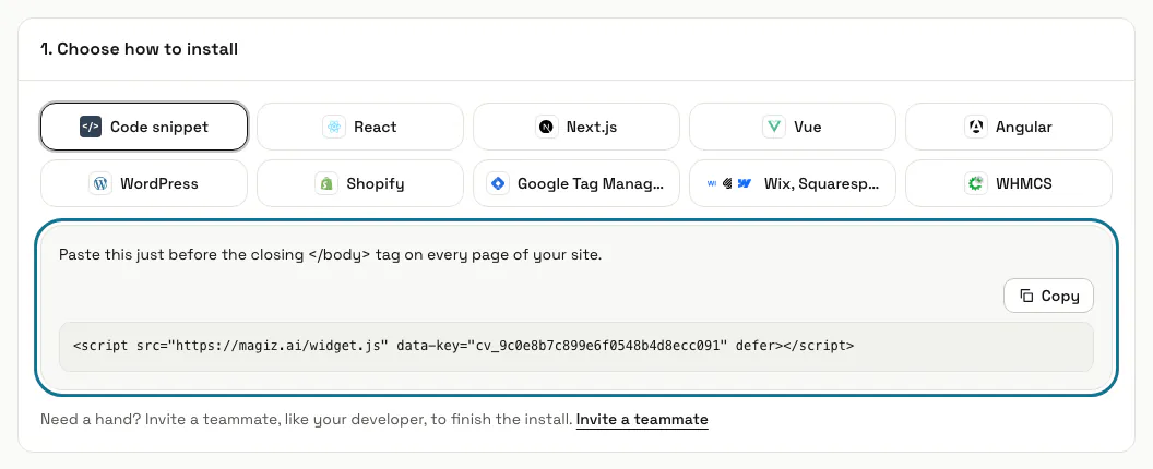 The Install widget page with the Code snippet tab and the script tag to copy