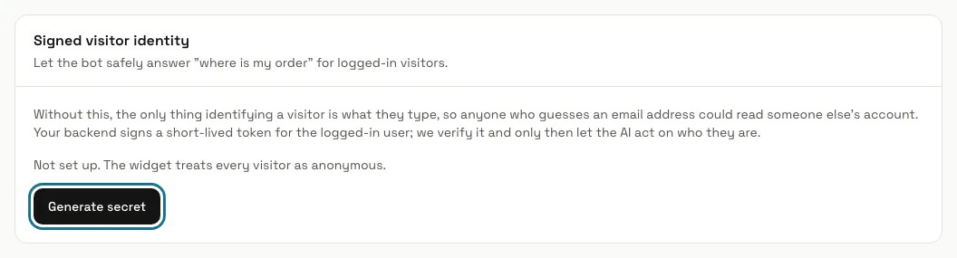 The Signed visitor identity panel on the Install widget page, with the "Generate secret" button outlined