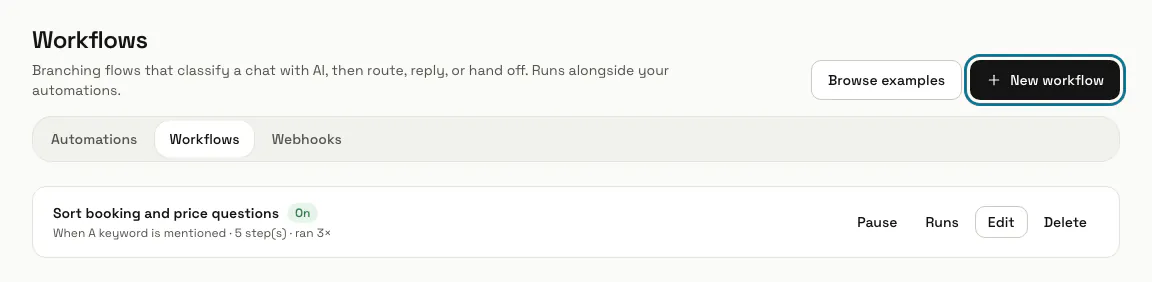 The Workflows list with one workflow that is On, and the "New workflow" button outlined