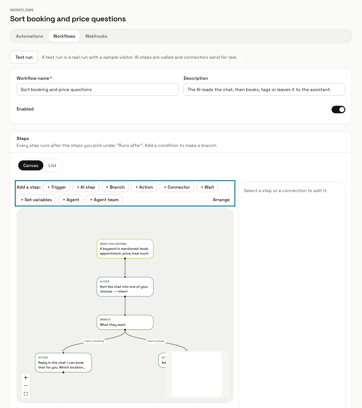 The canvas of a workflow that sorts booking and price questions: a trigger, an AI step, a branch and two actions, with the "Add a step" buttons outlined