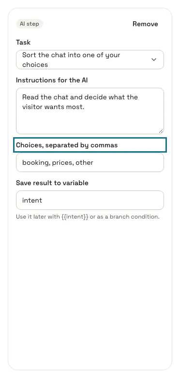 The AI step selected, with its task, instructions, choices and variable in the side panel, and the choices field outlined