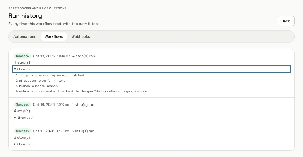 The Run history of the workflow with three successful runs and the path of the first one open
