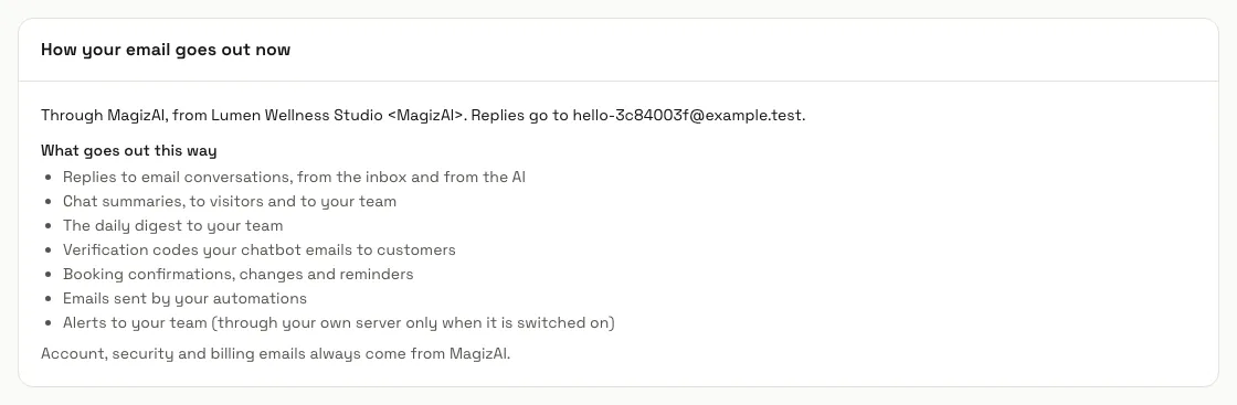 The Email settings page saying how your email goes out now and what goes out this way