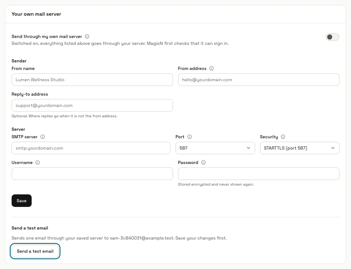 The Your own mail server form with the sender, the server fields and the Send a test email button outlined