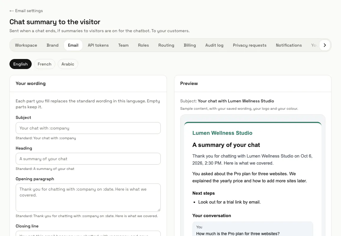 The Chat summary to the visitor template with its parts, the merge fields and the preview