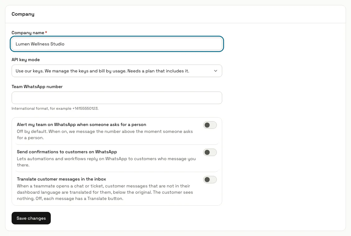 The Company panel of Workspace settings with the Company name field outlined
