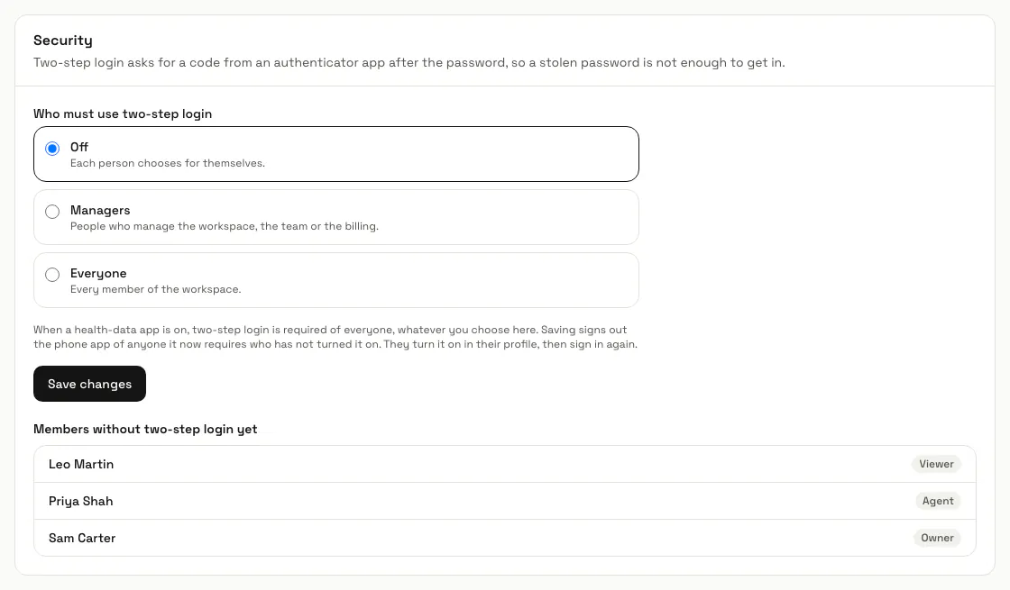The Security panel with the Off, Managers and Everyone choices and the members still without two-step login