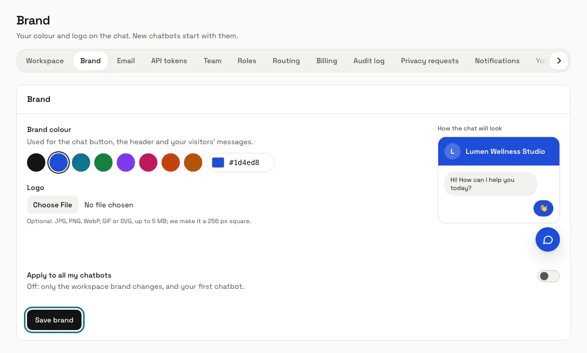 The Brand page with the colour swatches, the logo, the chat preview and the Save brand button outlined