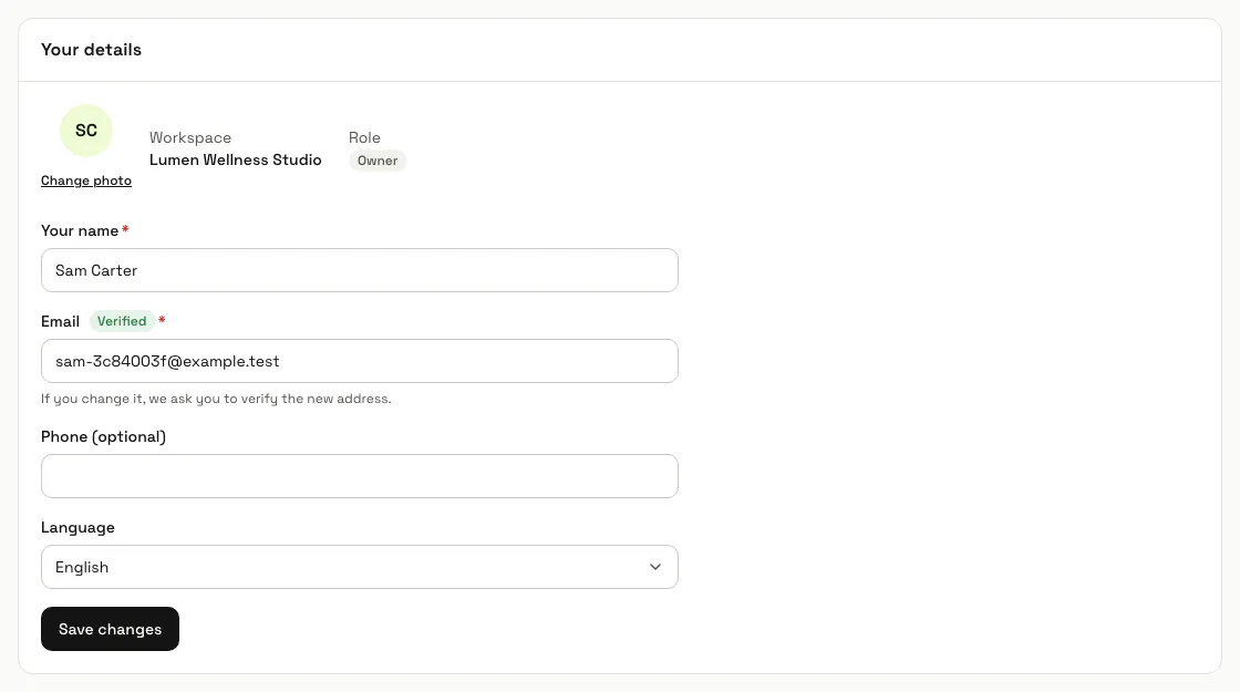 The Your details section with the photo, the workspace and role, and the name, email, phone and language fields