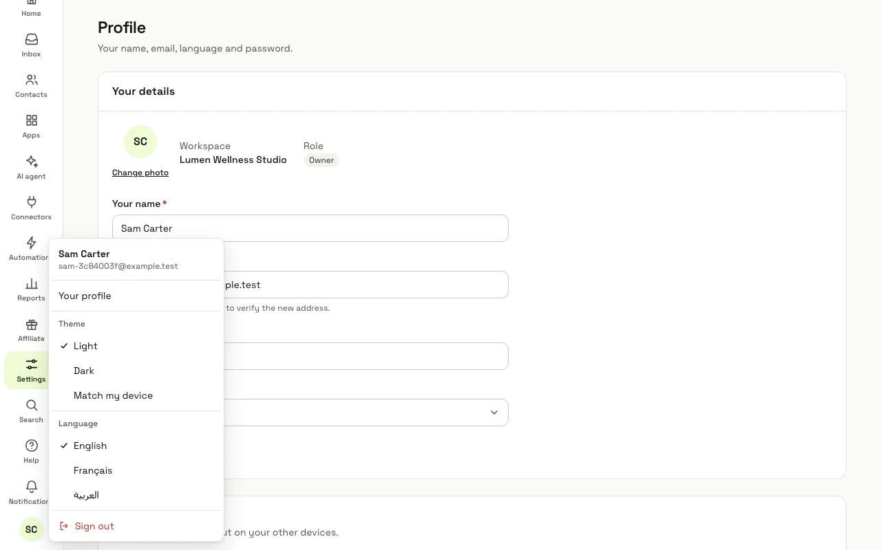 The account menu open, with Your profile, the three themes, the languages and Sign out