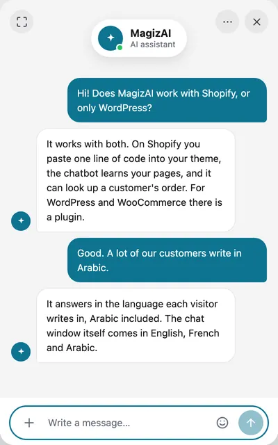 The chat window a visitor sees: a question about Shopify and WordPress, answered by the AI assistant.