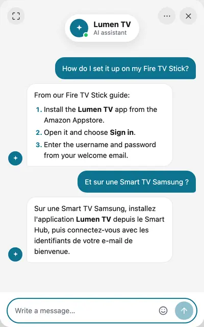 The chat window of Lumen TV, a sample IPTV provider. A customer asks how to set up the app on a Fire TV Stick and gets the steps from the provider's guide, then asks about a Samsung TV in French and gets the answer in French.